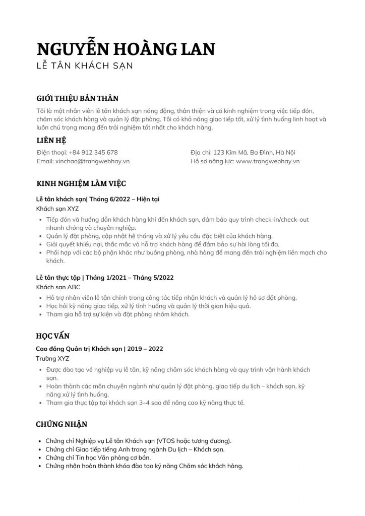 CV ngành dịch vụ khách sạn