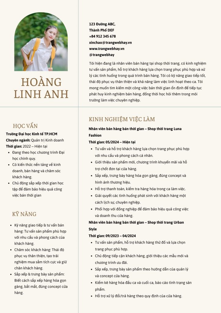 CV cho công việc bán thời gian