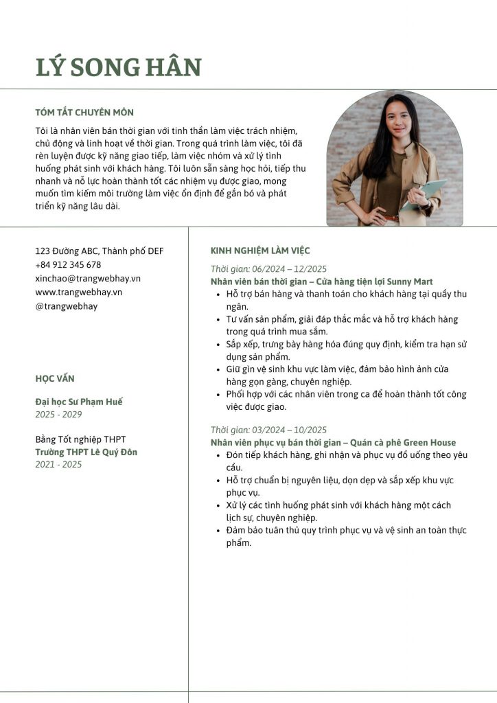CV cho công việc bán thời gian