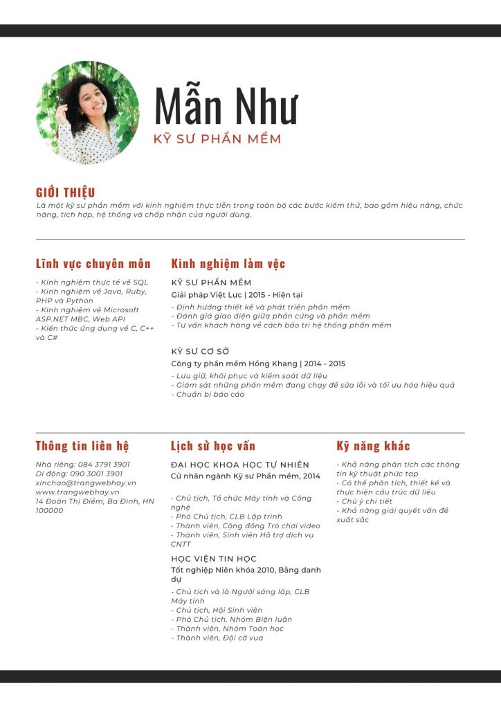 mẫu CV IT kỹ sư phần mềm