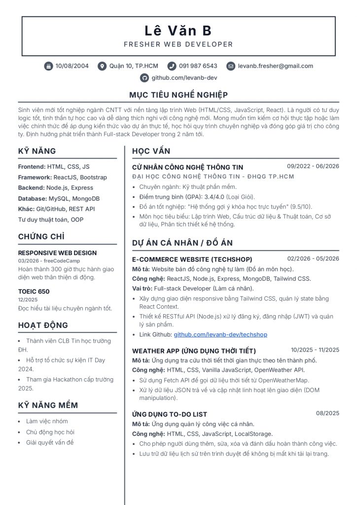 cv xin việc it cho người chưa có kinh nghiệm